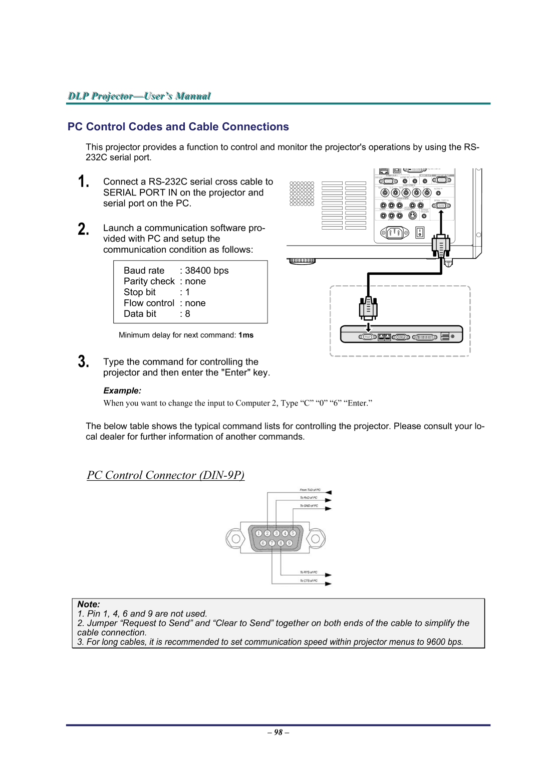 BOXLIGHT Pro6500DP manual PC Control Connector DIN-9P, PC Control Codes and Cable Connections 