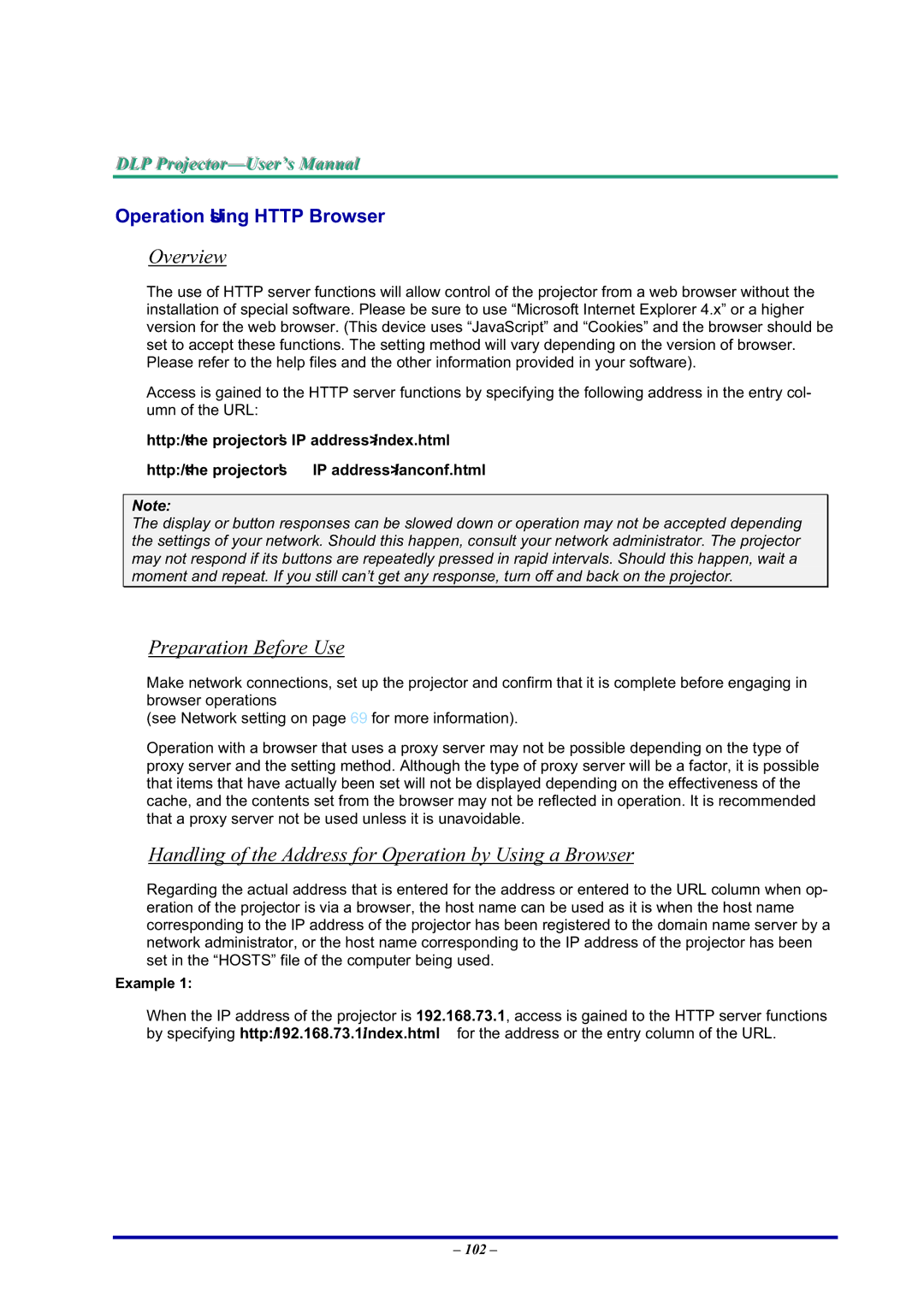 BOXLIGHT Pro6500DP manual Overview, Preparation Before Use, Handling of the Address for Operation by Using a Browser 