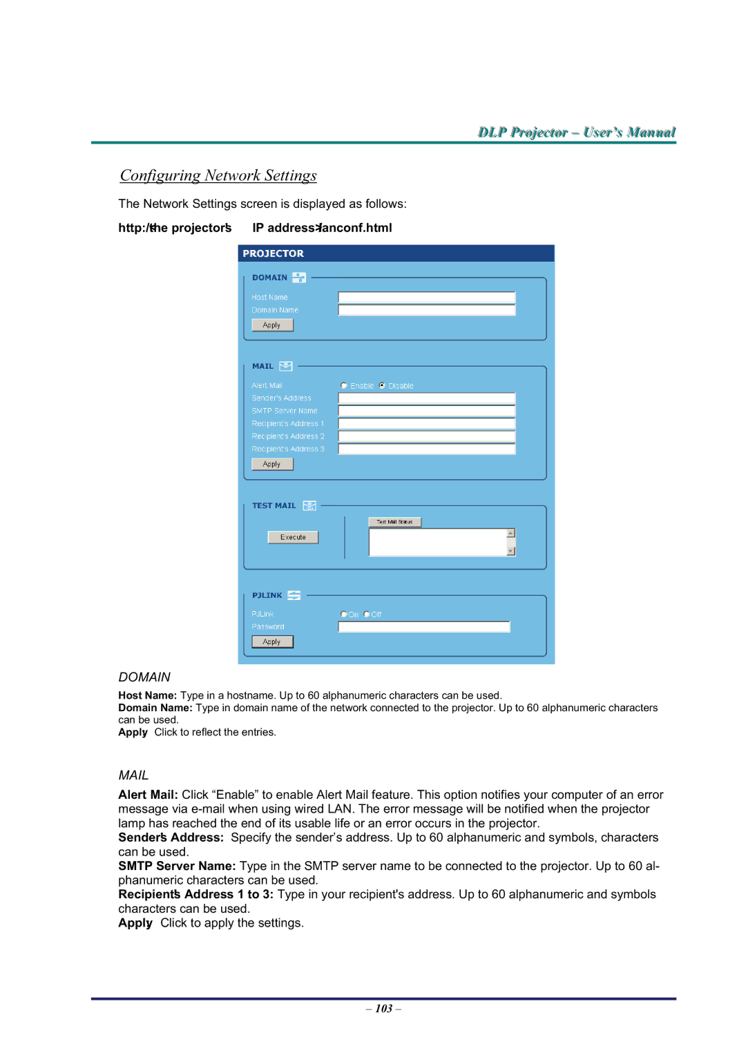 BOXLIGHT Pro6500DP manual Configuring Network Settings, Domain 