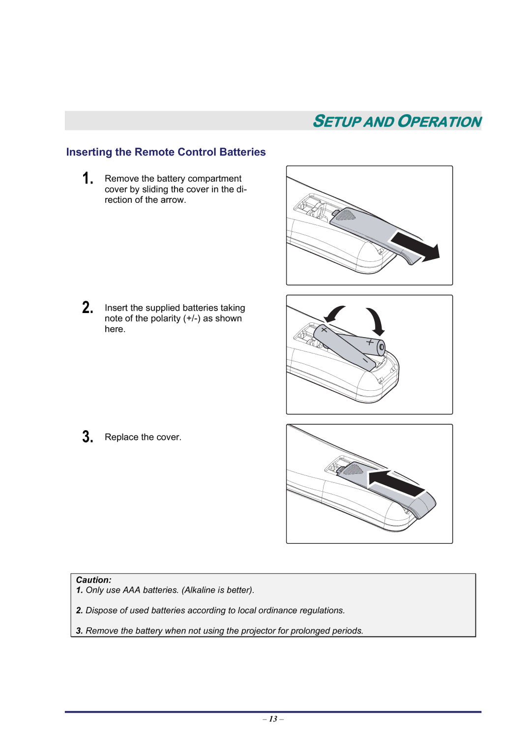 BOXLIGHT Pro6500DP manual Setup and Operation, Inserting the Remote Control Batteries 