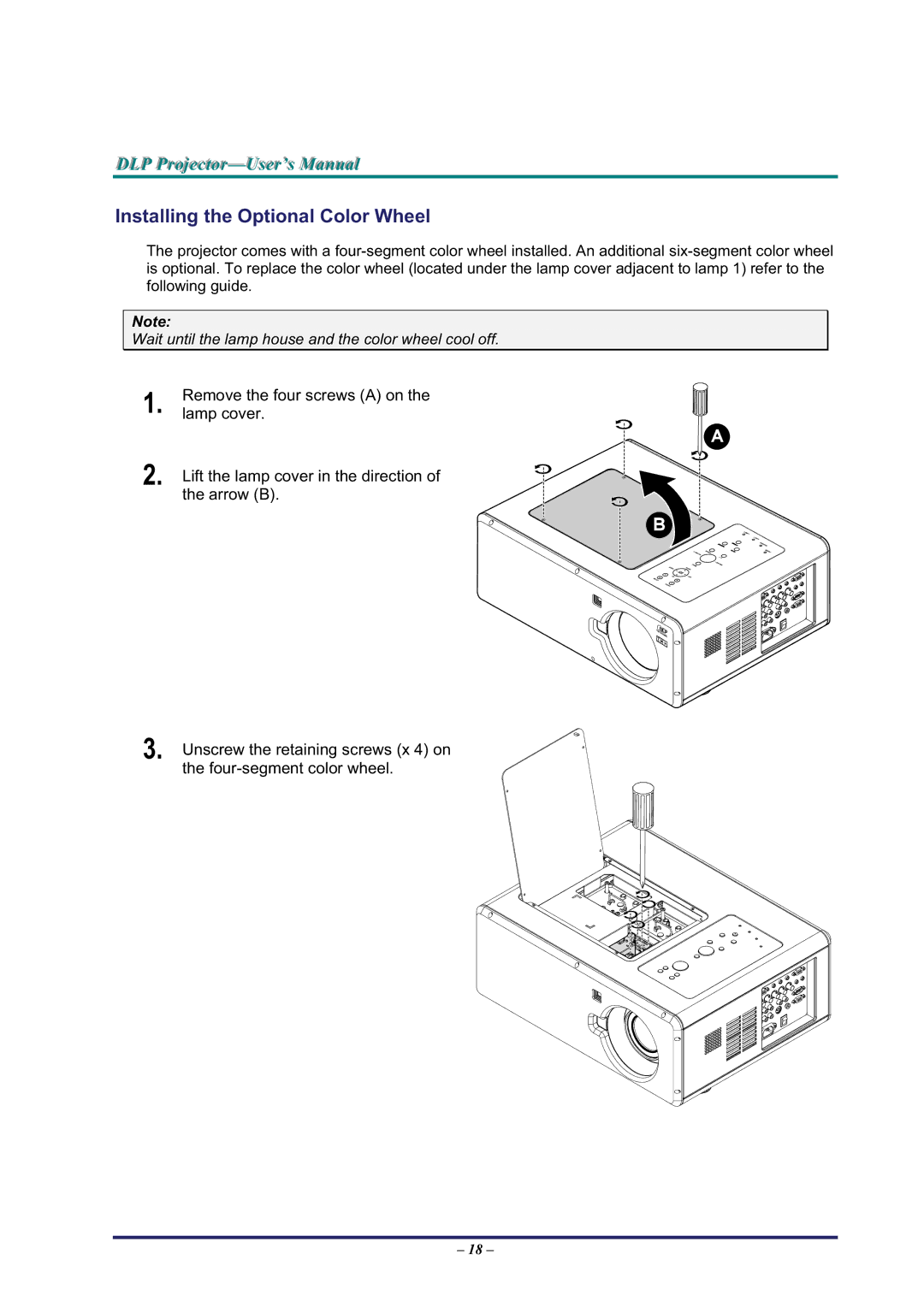 BOXLIGHT Pro6500DP manual Installing the Optional Color Wheel 