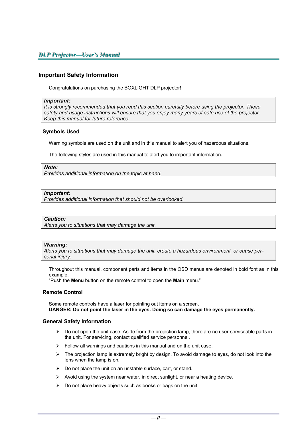 BOXLIGHT Pro6500DP manual Important Safety Information 