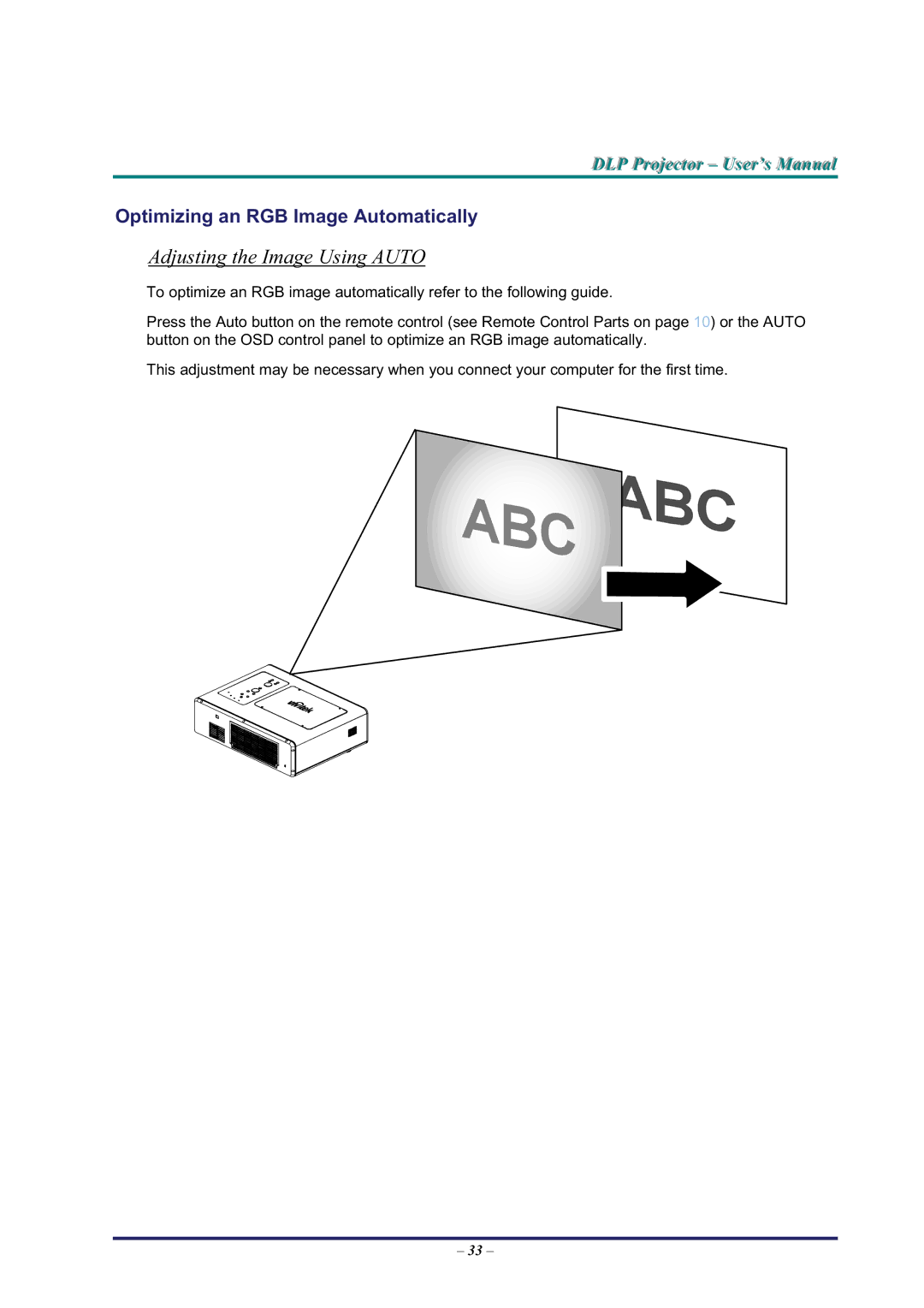 BOXLIGHT Pro6500DP manual Adjusting the Image Using Auto, Optimizing an RGB Image Automatically 