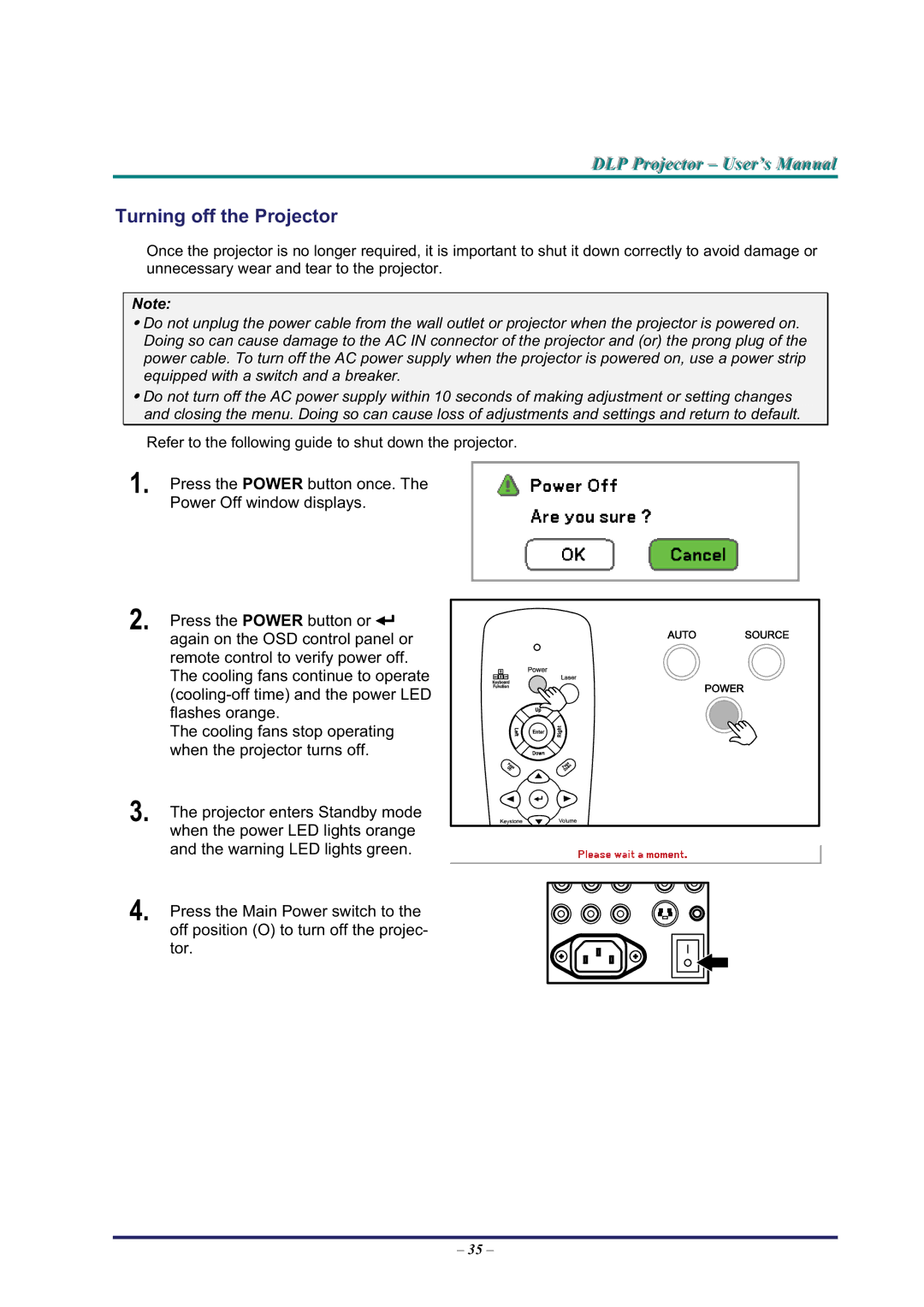 BOXLIGHT Pro6500DP manual Turning off the Projector 