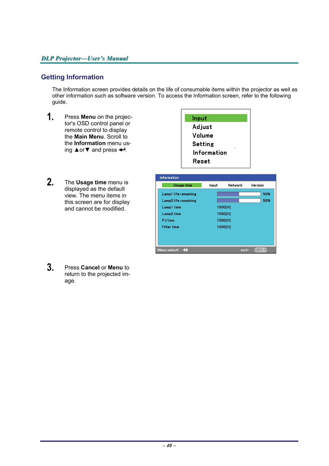 BOXLIGHT Pro6500DP manual Getting Information, Displayed as the default 