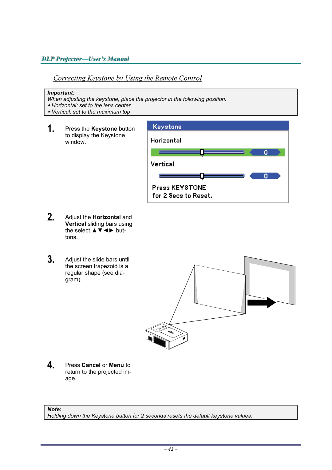 BOXLIGHT Pro6500DP manual Correcting Keystone by Using the Remote Control 