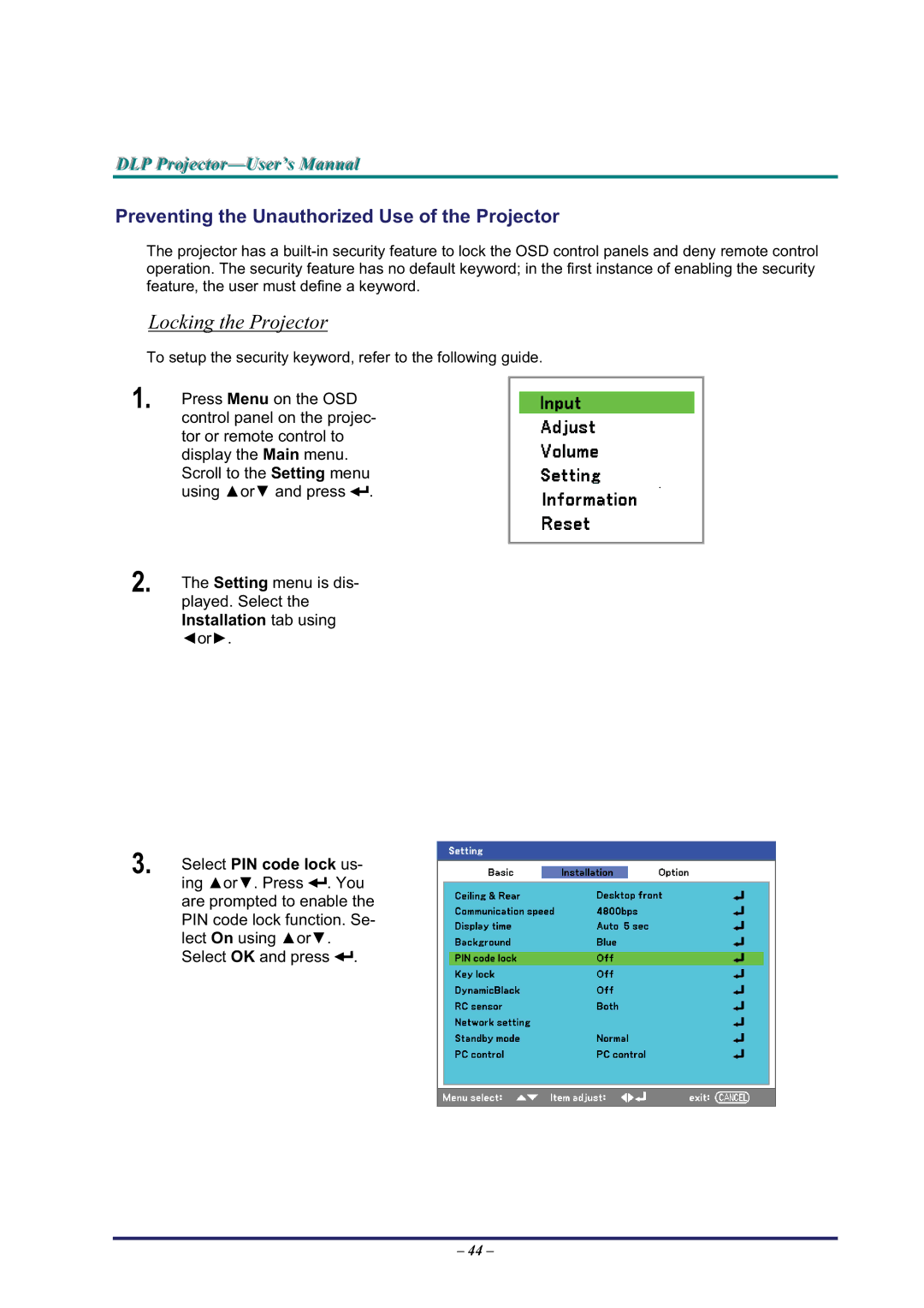 BOXLIGHT Pro6500DP manual Locking the Projector, Preventing the Unauthorized Use of the Projector 