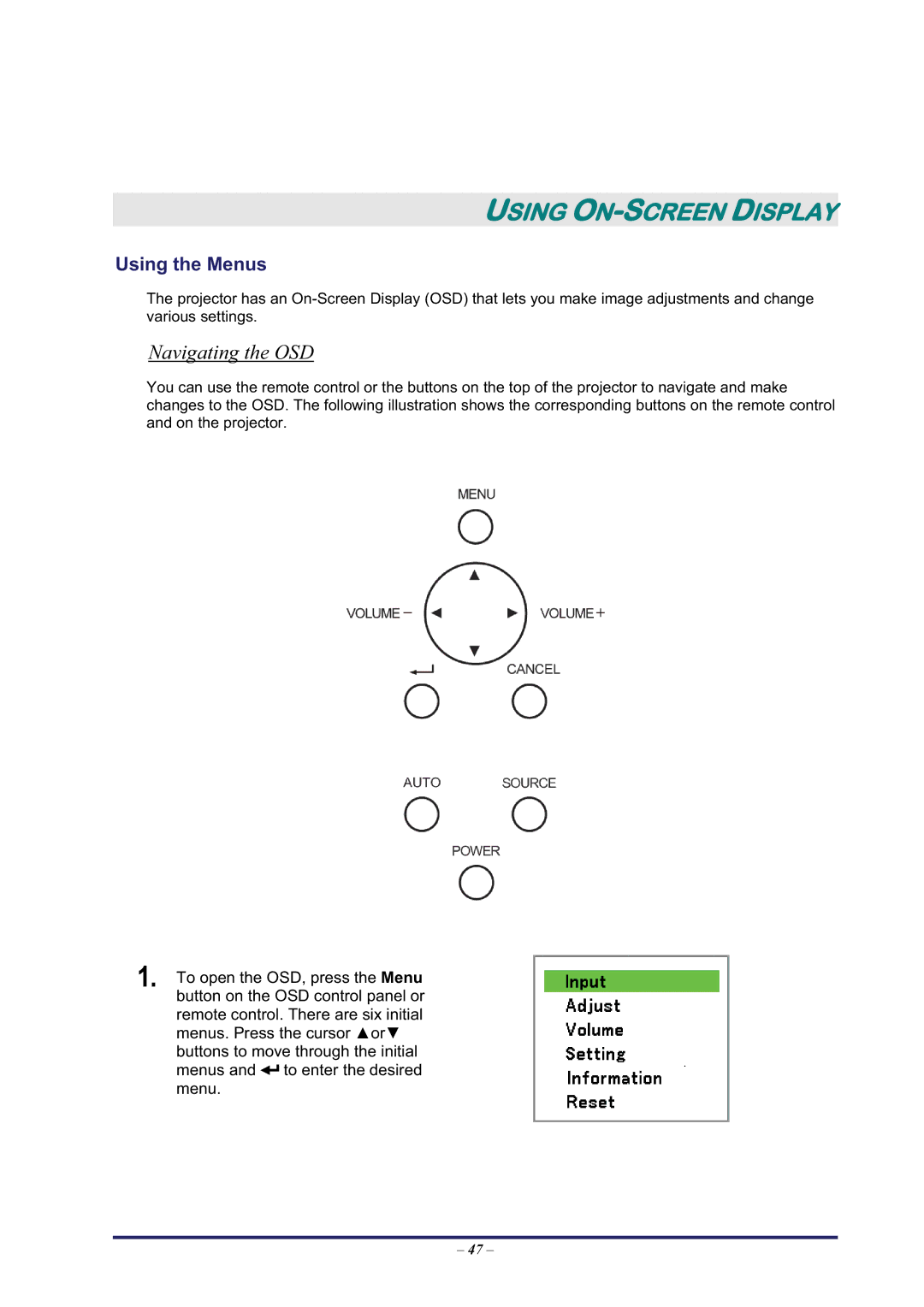 BOXLIGHT Pro6500DP manual Navigating the OSD, Using the Menus 