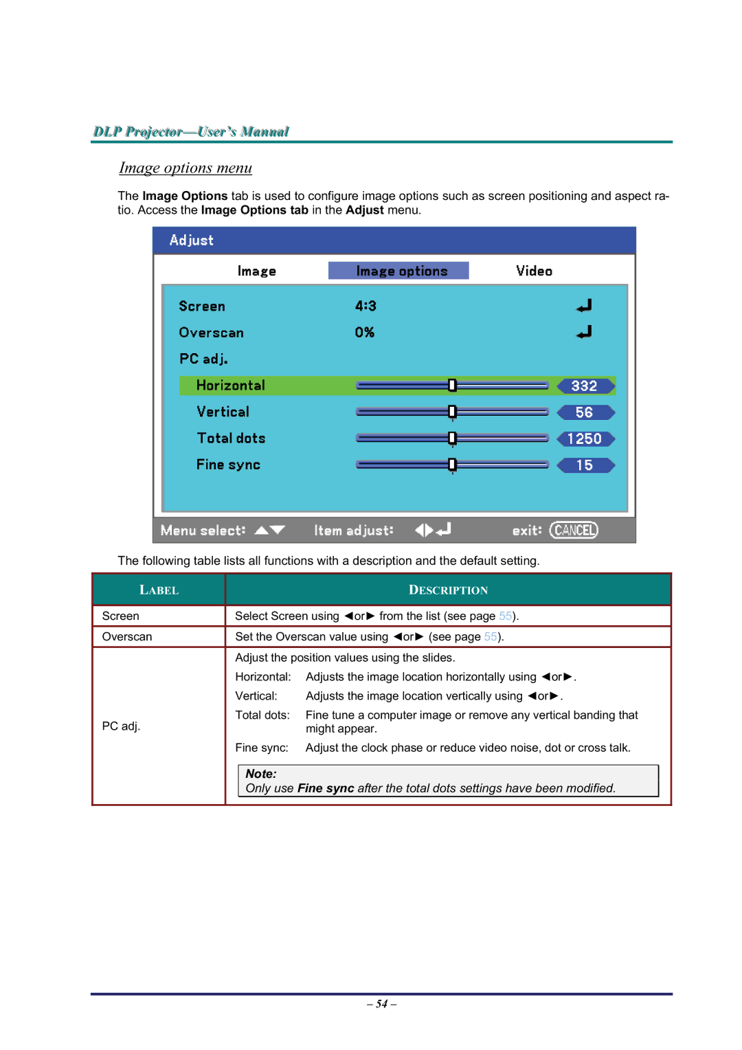 BOXLIGHT Pro6500DP manual Image options menu 