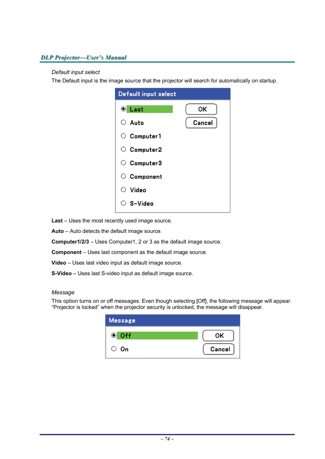 BOXLIGHT Pro6500DP manual Default input select, Message 