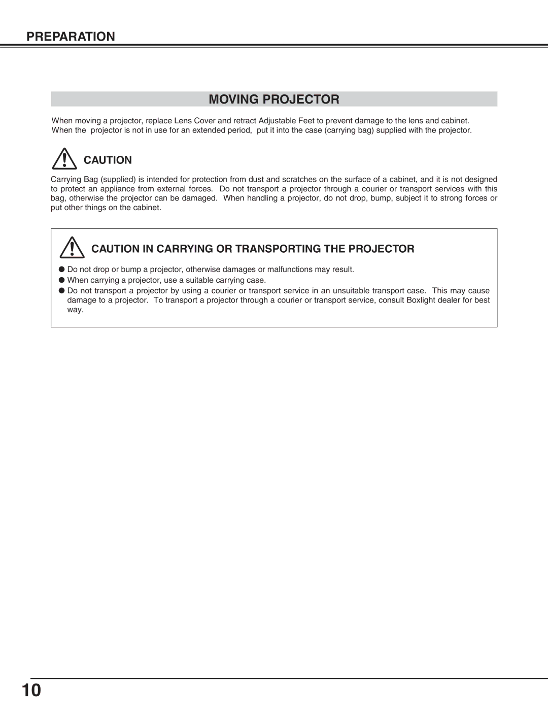 BOXLIGHT SP-9t manual Preparation Moving Projector 