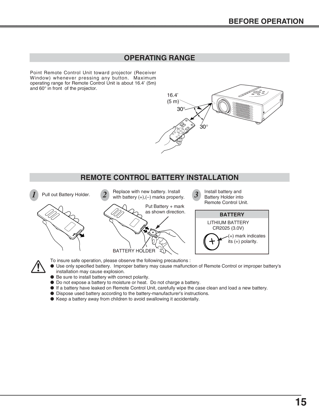 BOXLIGHT SP-9t manual Before Operation Operating Range, Remote Control Battery Installation 