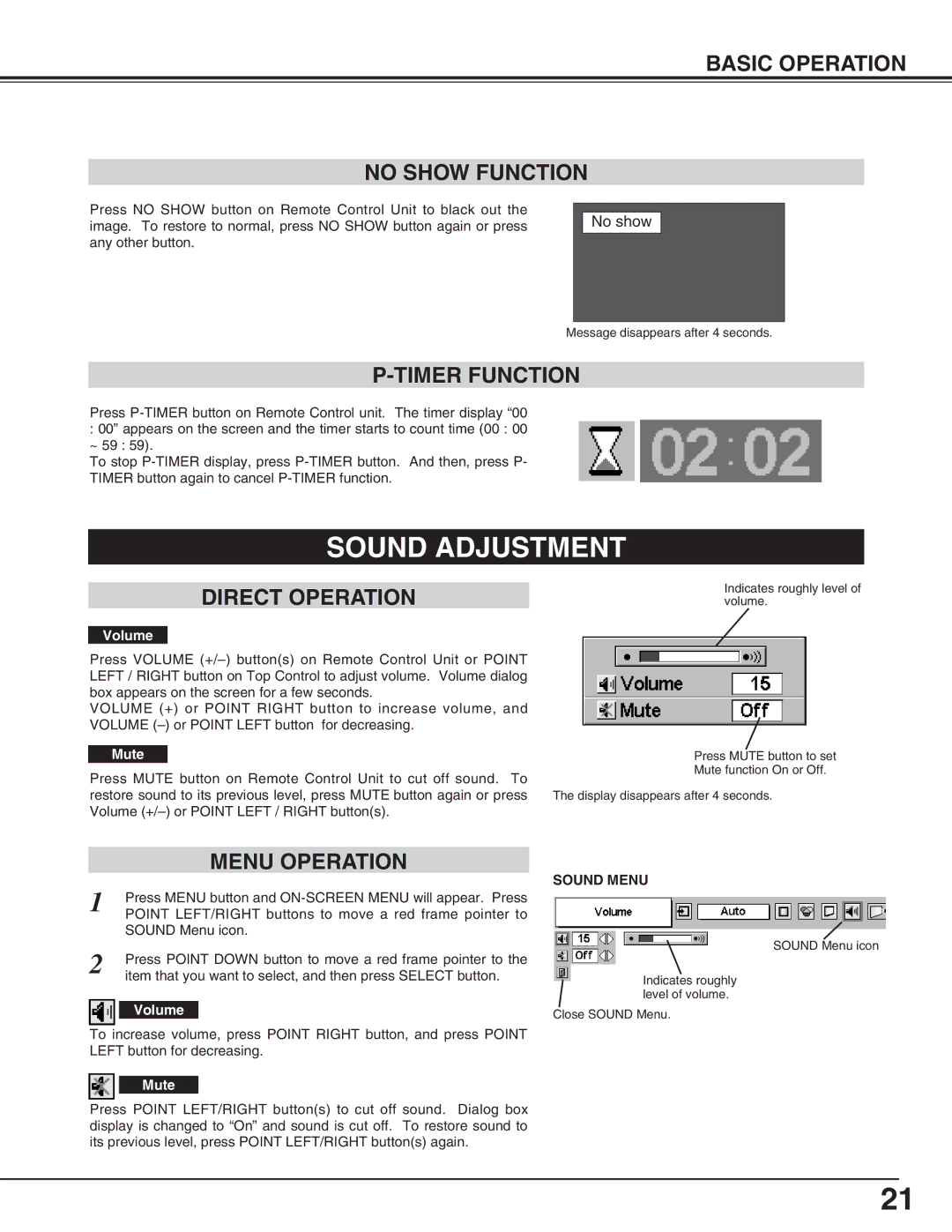 BOXLIGHT SP-9t manual Sound Adjustment, Basic Operation No Show Function, Timer Function, Direct Operation, Menu Operation 