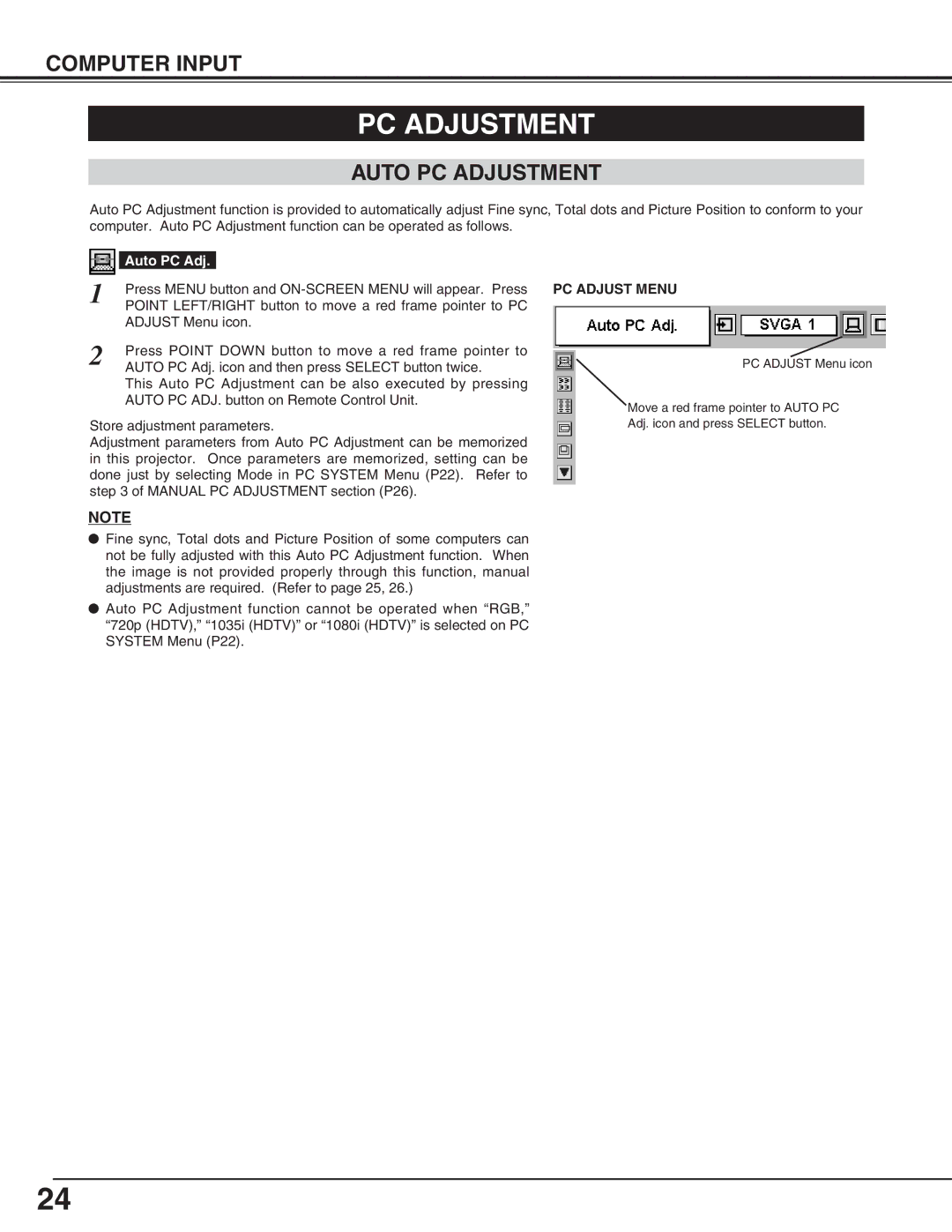 BOXLIGHT SP-9t manual Auto PC Adjustment, PC Adjust Menu 