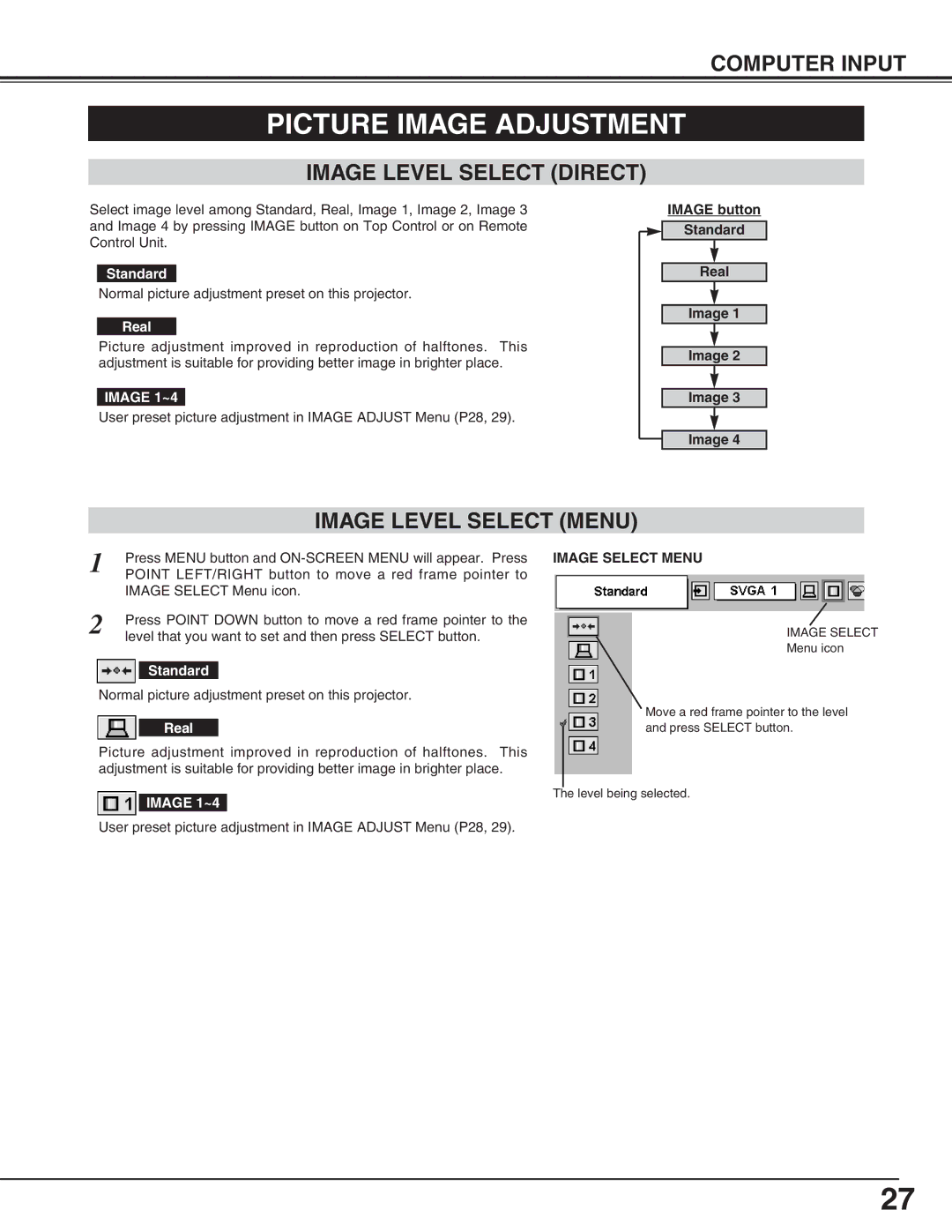 BOXLIGHT SP-9t manual Picture Image Adjustment, Image Level Select Direct, Image Level Select Menu, Image Select Menu 