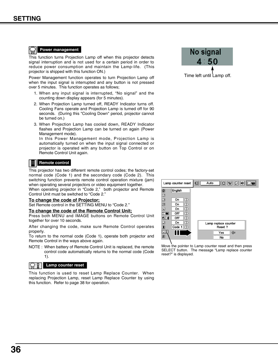 BOXLIGHT SP-9t manual To change the code of Projector, To change the code of the Remote Control Unit, Power management 