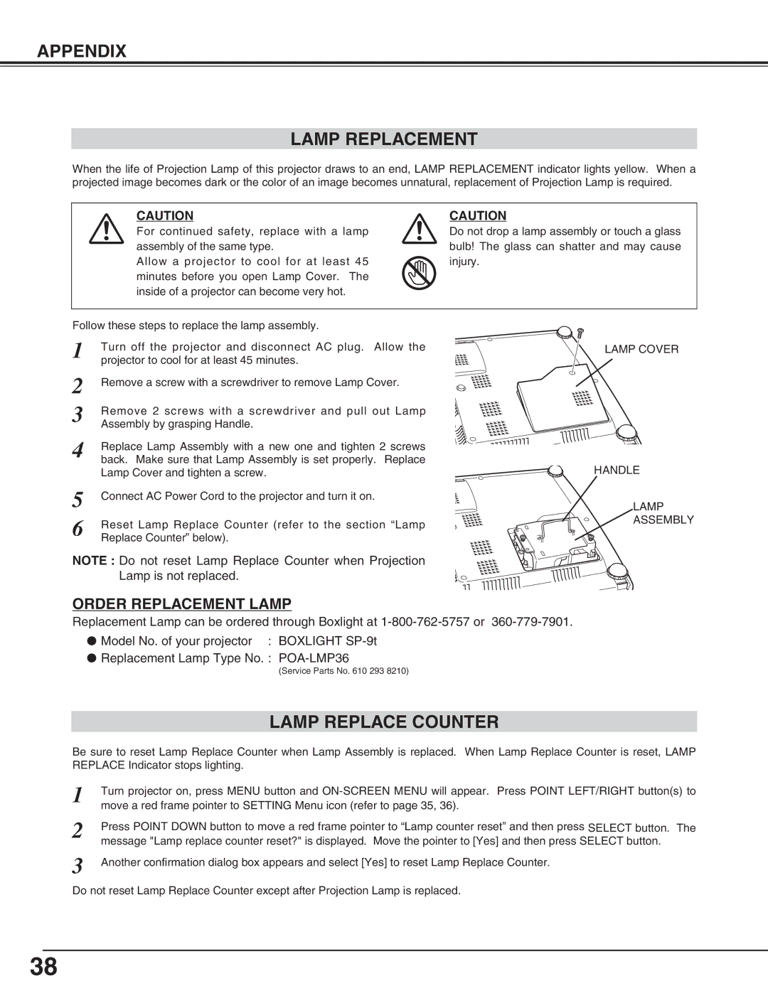 BOXLIGHT SP-9t manual Appendix Lamp Replacement, Lamp Replace Counter 