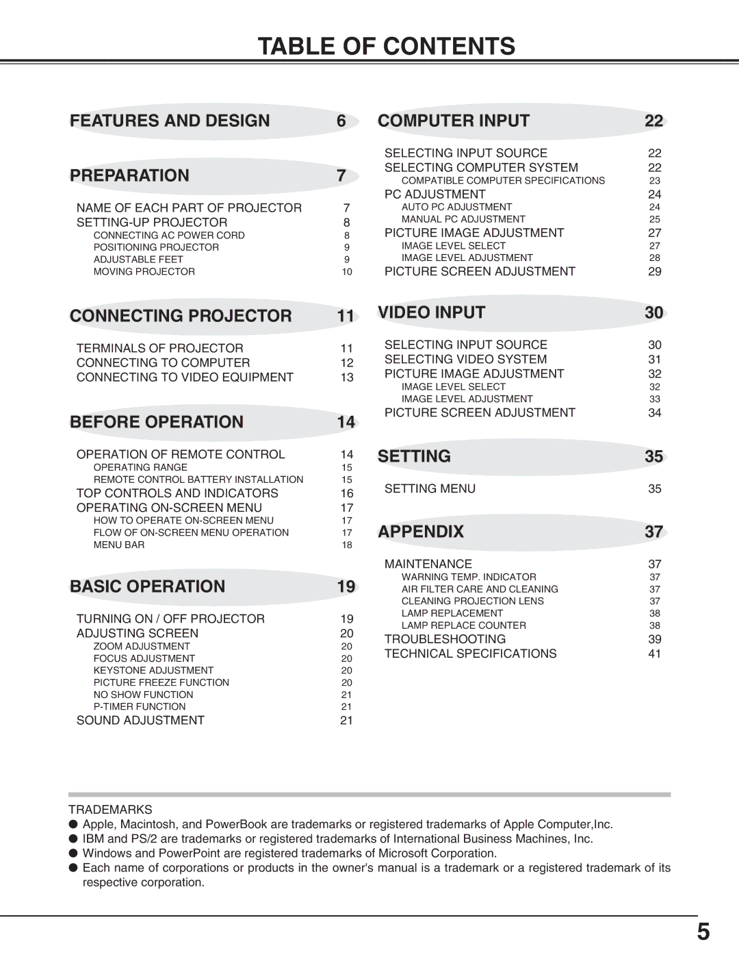 BOXLIGHT SP-9t manual Table of Contents 