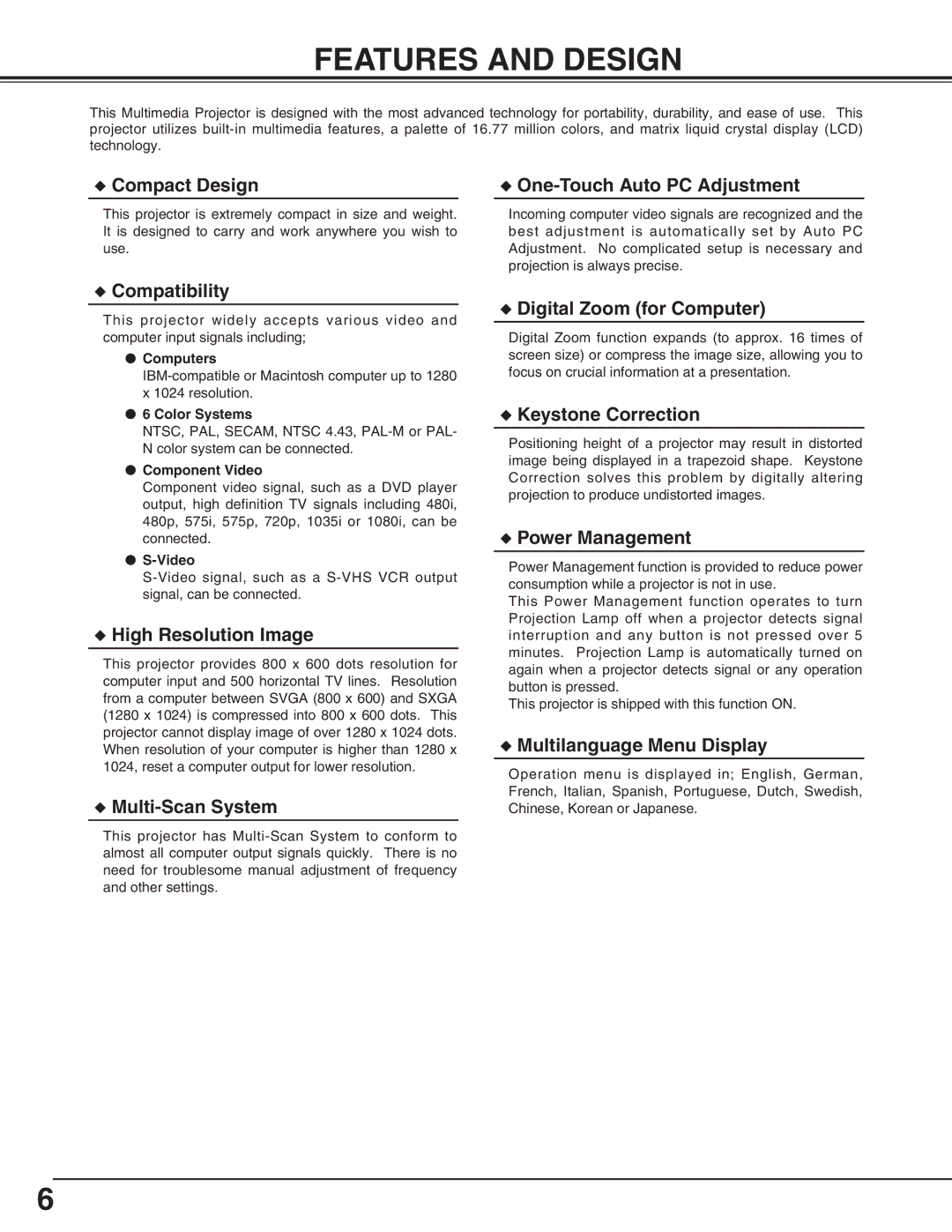 BOXLIGHT SP-9t manual Features and Design, Compact Design One-Touch Auto PC Adjustment 