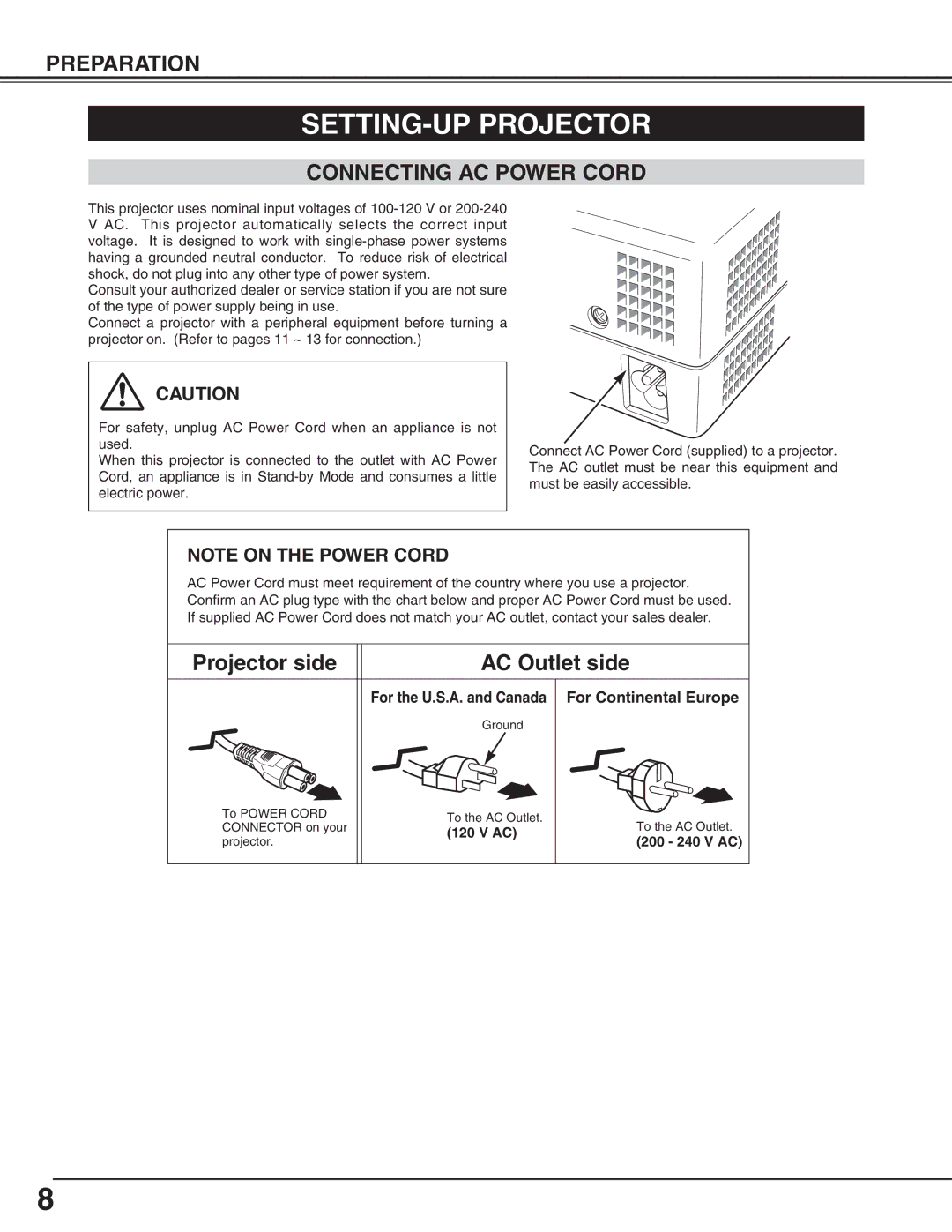 BOXLIGHT SP-9t manual SETTING-UP Projector, Connecting AC Power Cord, For Continental Europe 