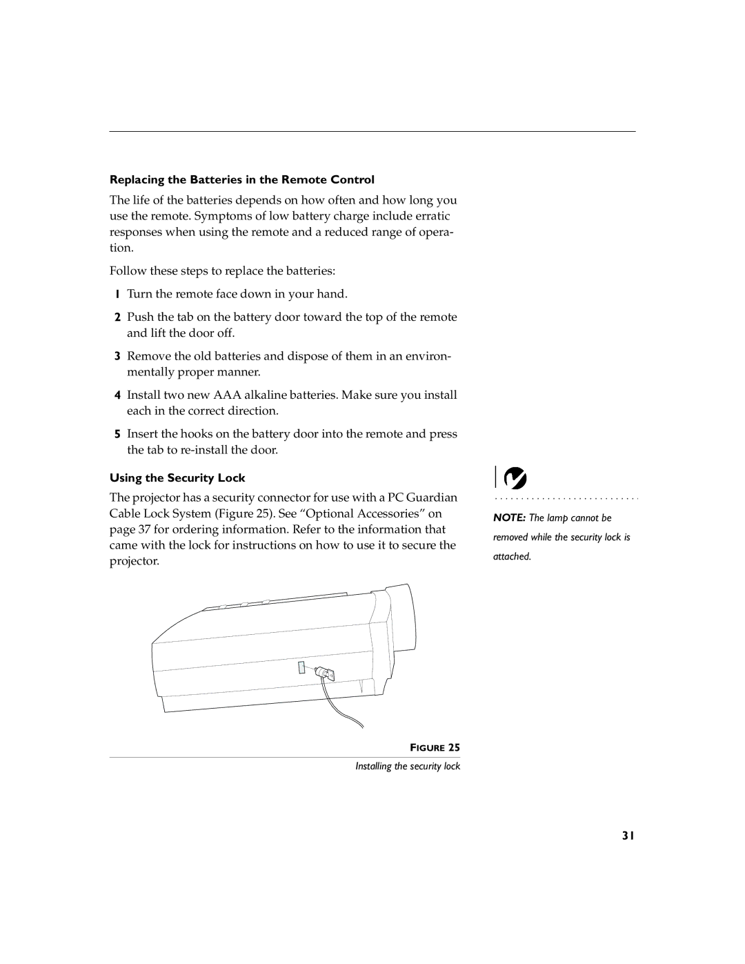 BOXLIGHT XD-10m manual Replacing the Batteries in the Remote Control, Using the Security Lock 