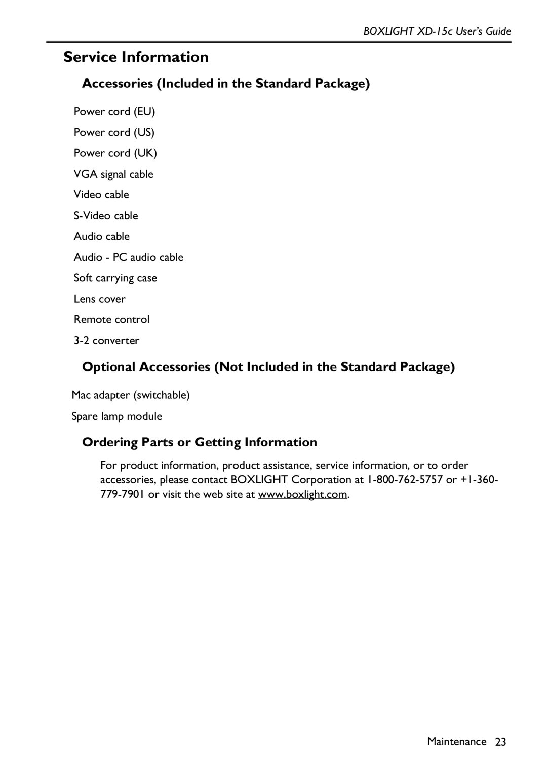 BOXLIGHT XD-15c Service Information, Accessories Included in the Standard Package, Ordering Parts or Getting Information 