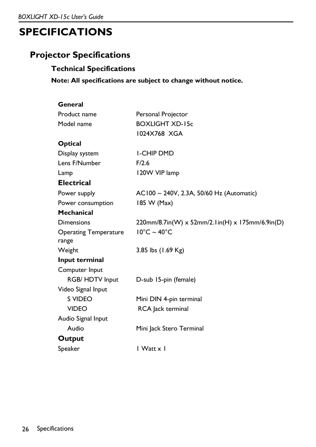 BOXLIGHT XD-15c manual Projector Specifications, Technical Specifications, Electrical, Output 