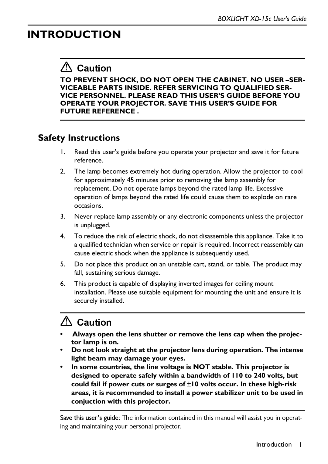 BOXLIGHT XD-15c manual Introduction, Safety Instructions 