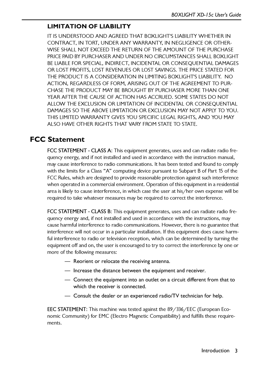 BOXLIGHT XD-15c manual FCC Statement, Limitation of Liability 