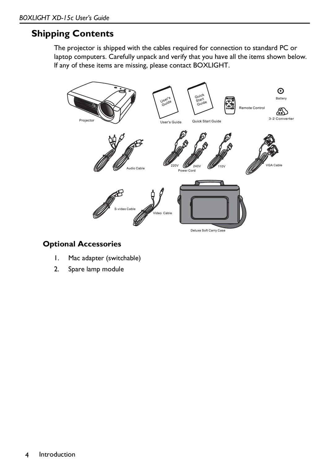 BOXLIGHT XD-15c manual Shipping Contents 