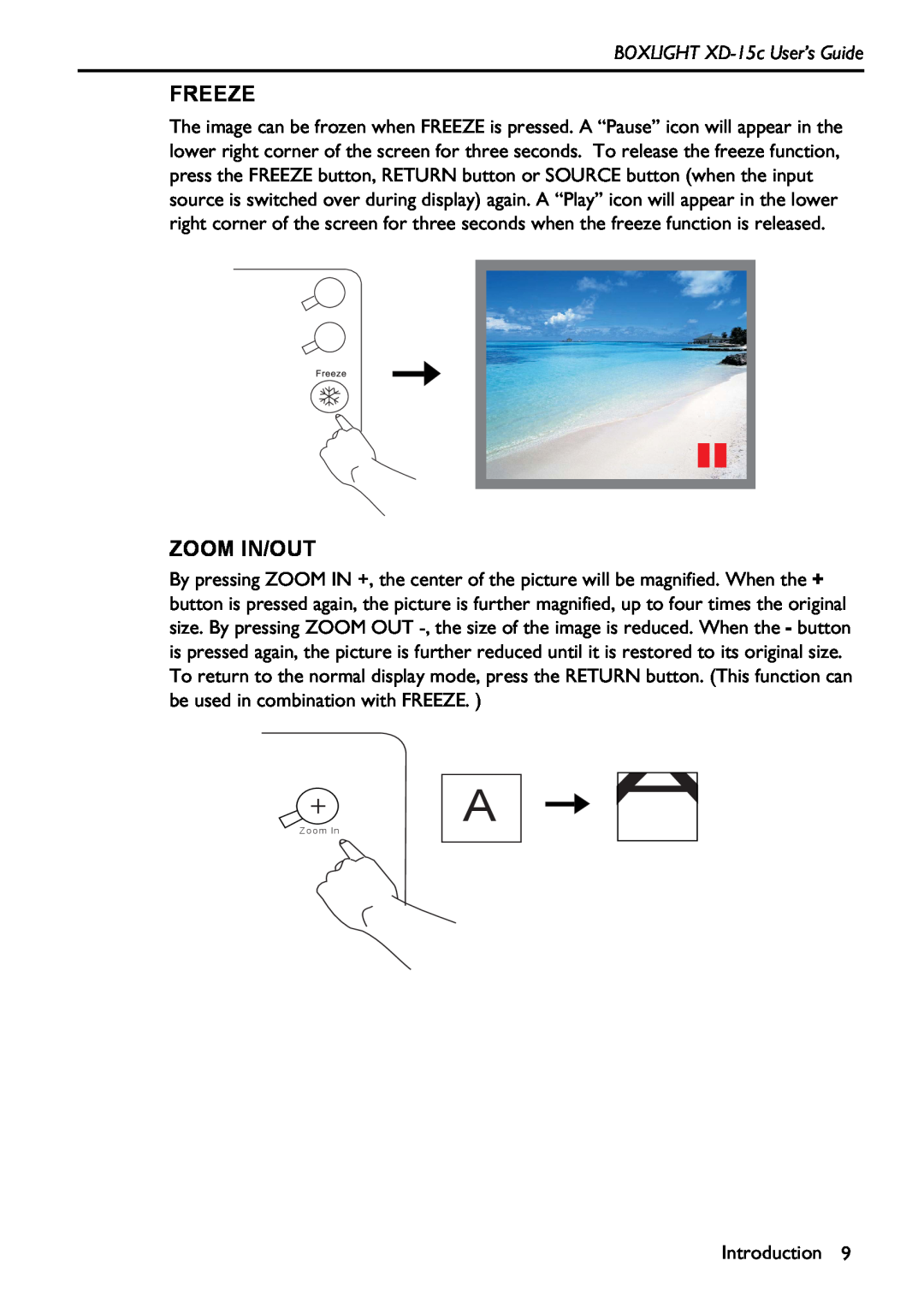 BOXLIGHT manual Freeze, Zoom In/Out, BOXLIGHT XD-15c User’s Guide 