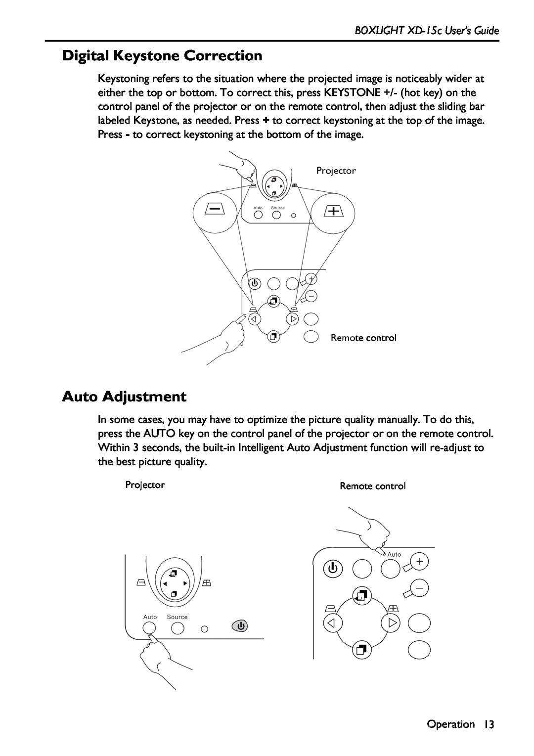 BOXLIGHT manual Digital Keystone Correction, Auto Adjustment, BOXLIGHT XD-15c User’s Guide 