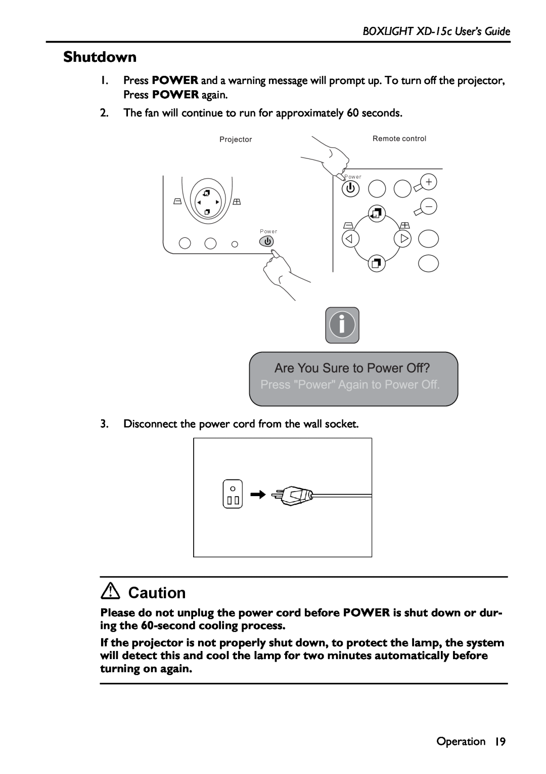 BOXLIGHT manual Shutdown, BOXLIGHT XD-15c User’s Guide, Power Power 