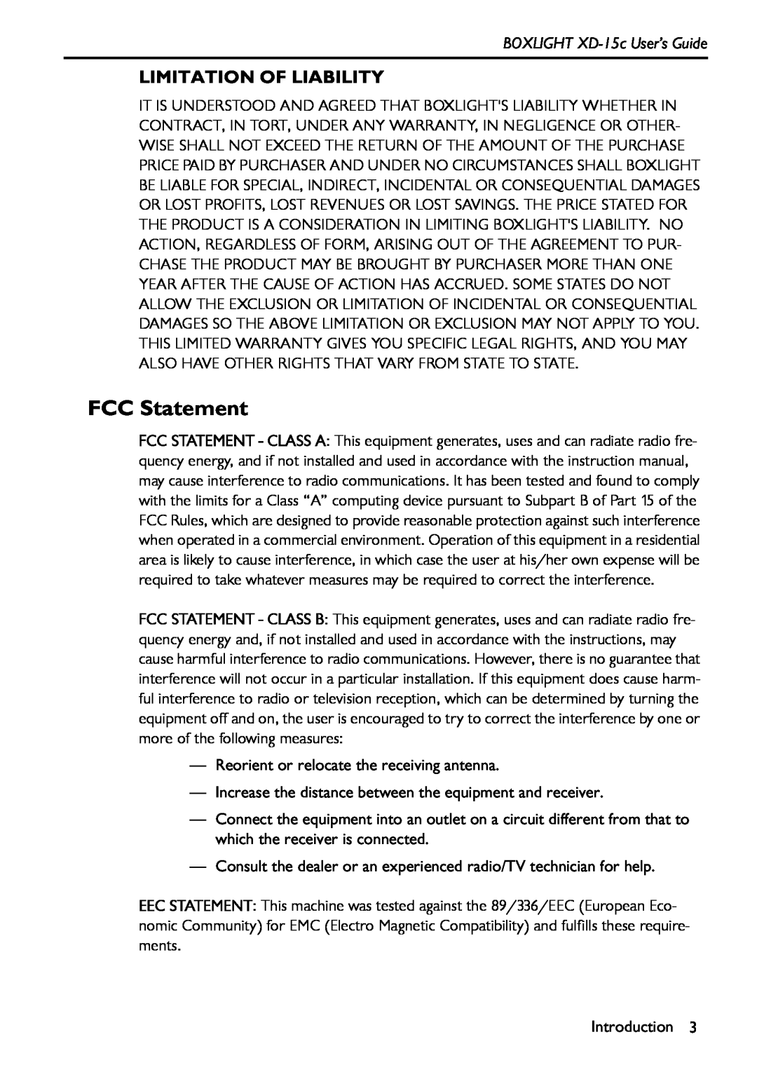 BOXLIGHT manual FCC Statement, Limitation Of Liability, BOXLIGHT XD-15c User’s Guide 