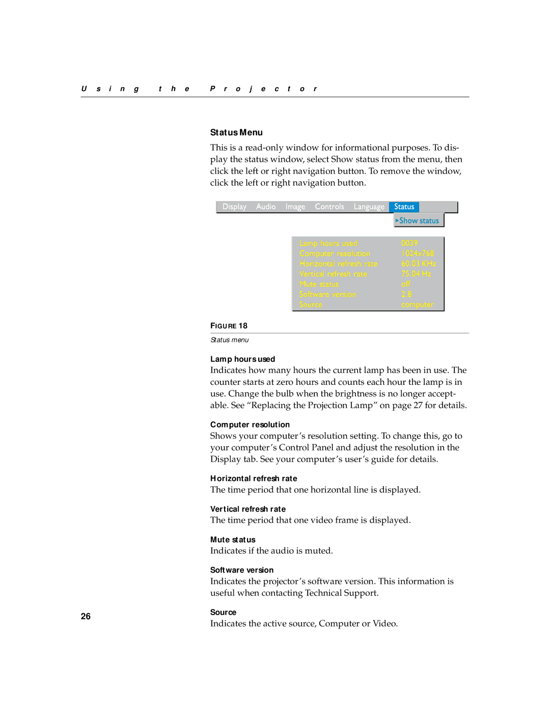 BOXLIGHT XD-5m manual Status Menu 