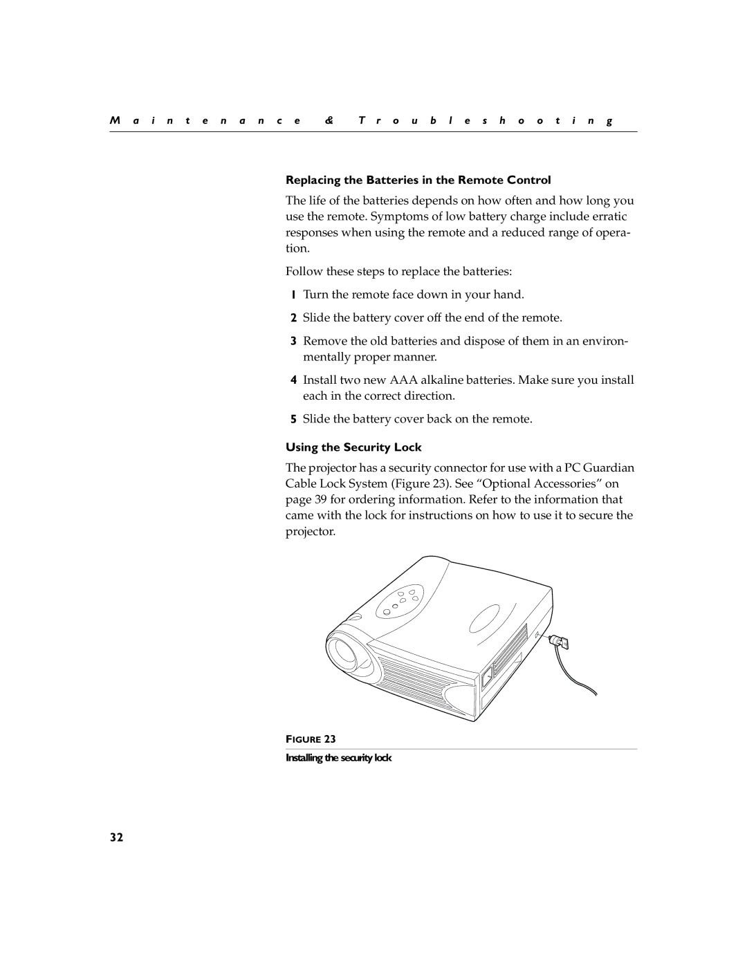 BOXLIGHT XD-9m manual Replacing the Batteries in the Remote Control, Using the Security Lock 