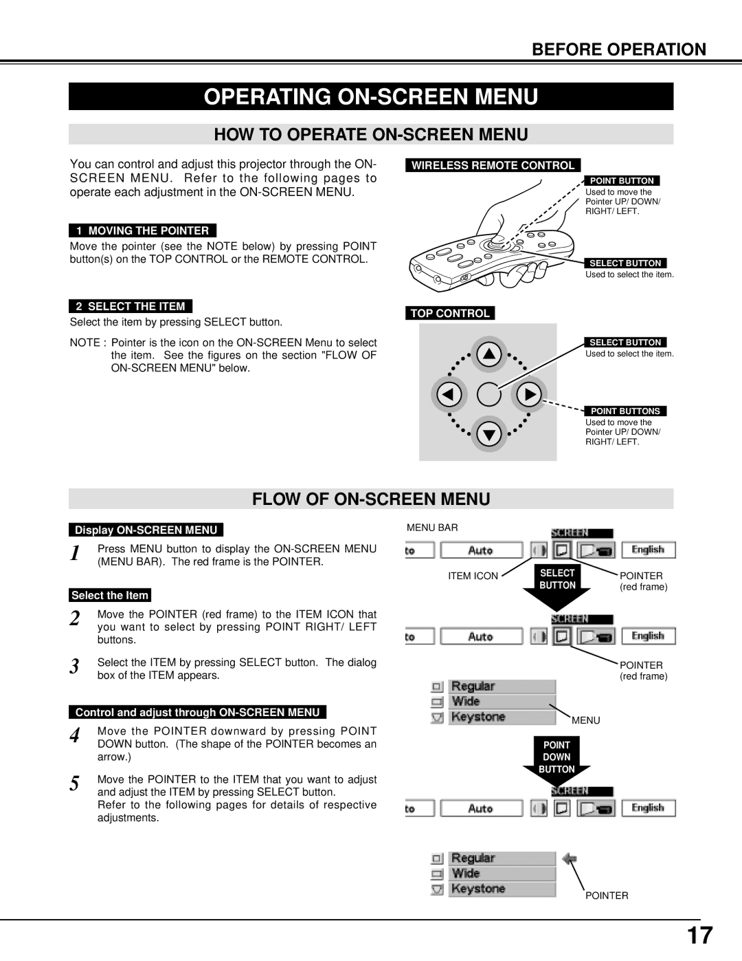 BOXLIGHT XP-5t manual Operating ON-SCREEN Menu, HOW to Operate ON-SCREEN Menu, Flow of ON-SCREEN Menu 