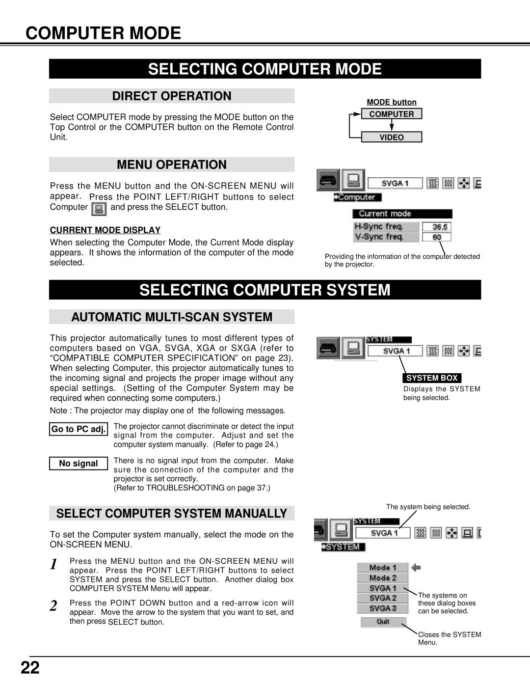 BOXLIGHT XP-5t manual Selecting Computer Mode, Selecting Computer System 