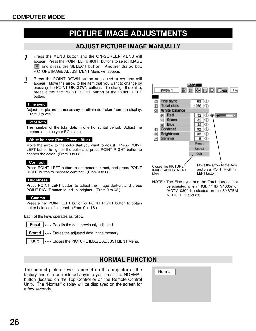 BOXLIGHT XP-5t manual Picture Image Adjustments, Normal Function 