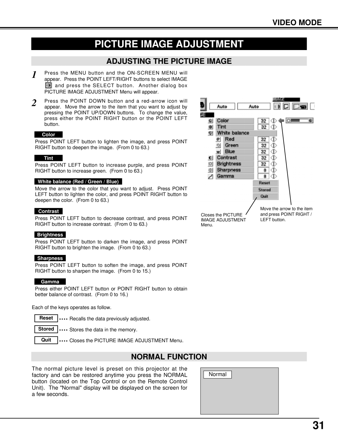 BOXLIGHT XP-5t manual Picture Image Adjustment, Adjusting the Picture Image, Color, Tint, Sharpness 