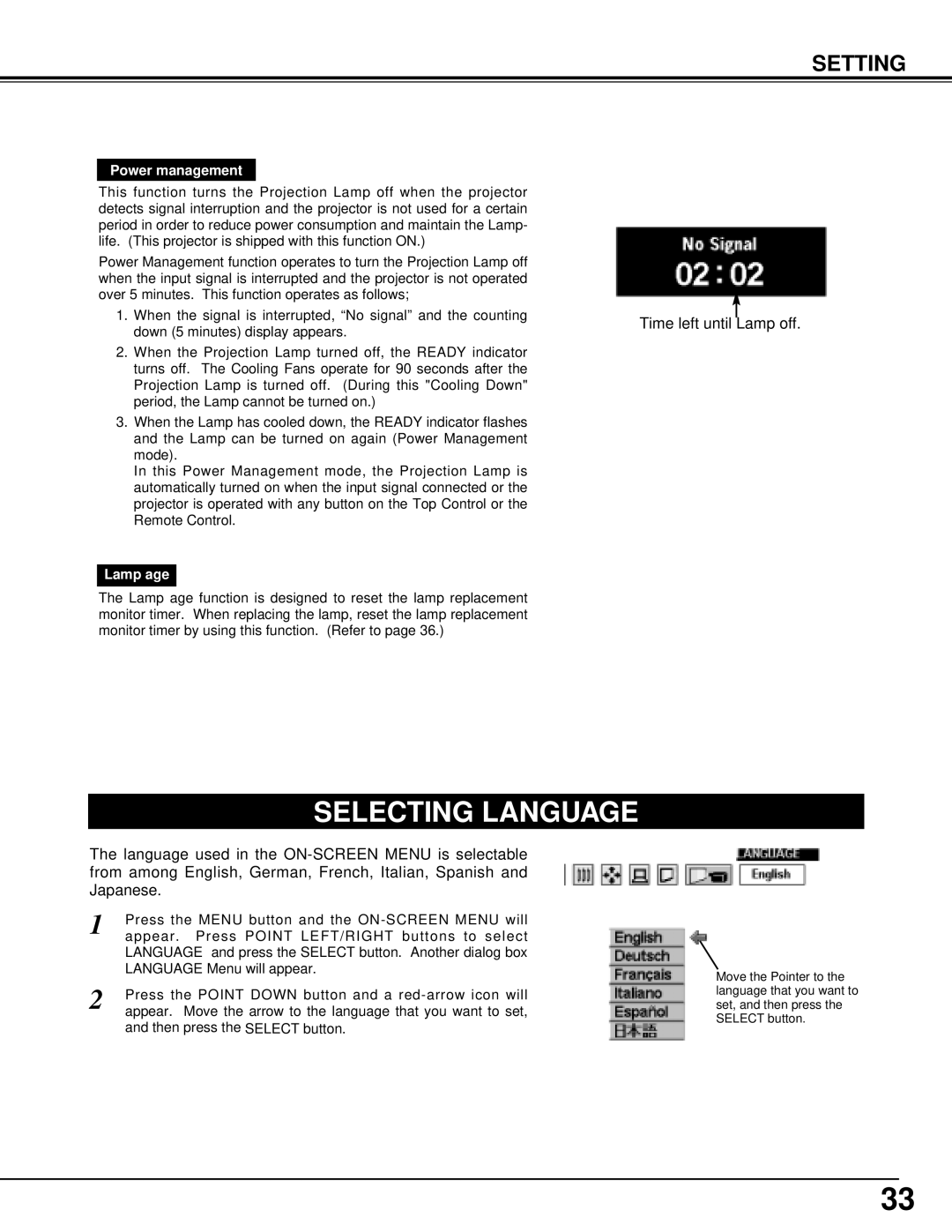 BOXLIGHT XP-5t manual Selecting Language, Power management, Lamp age 