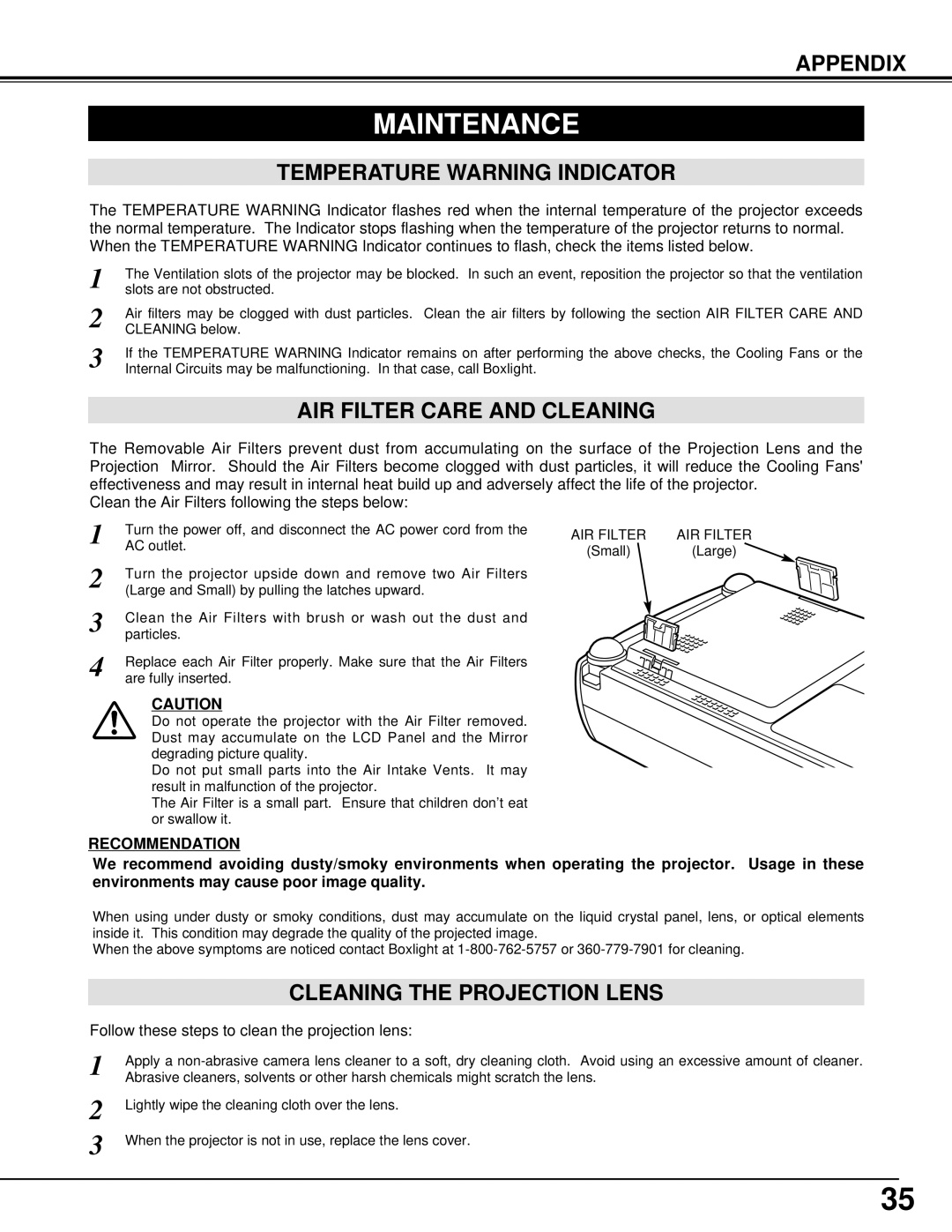 BOXLIGHT XP-5t Maintenance, Temperature Warning Indicator, AIR Filter Care and Cleaning, Cleaning the Projection Lens 