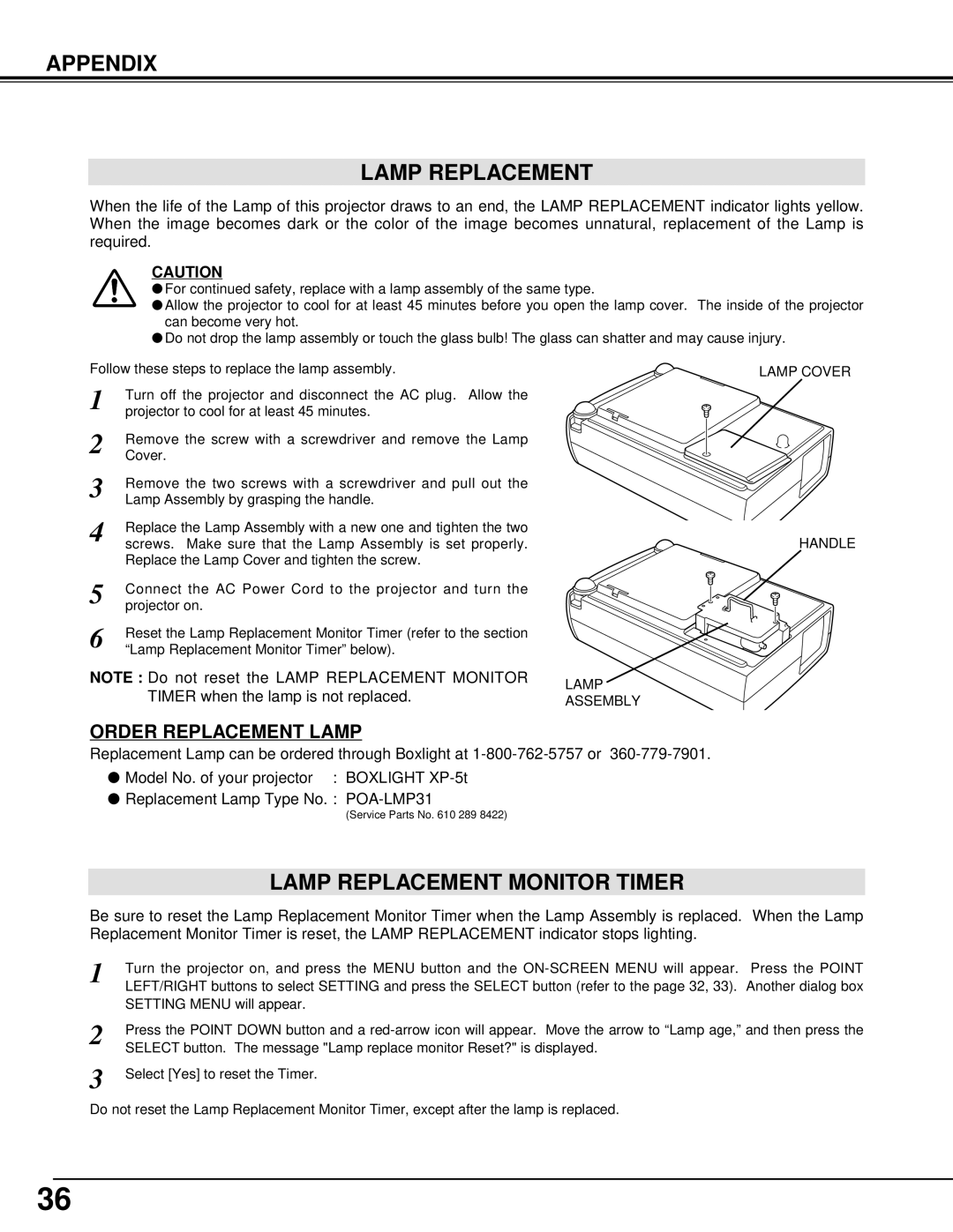 BOXLIGHT XP-5t manual Appendix Lamp Replacement, Lamp Replacement Monitor Timer, Lamp Assembly Lamp Cover Handle 