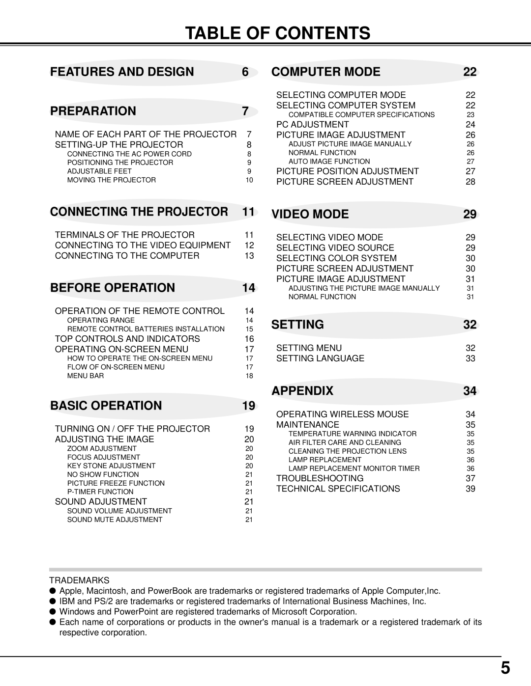 BOXLIGHT XP-5t manual Table of Contents 