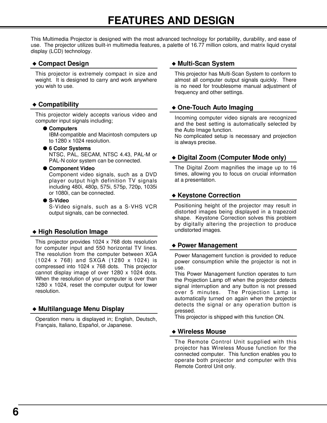 BOXLIGHT XP-5t manual Features and Design, Computers, Color Systems, Component Video 