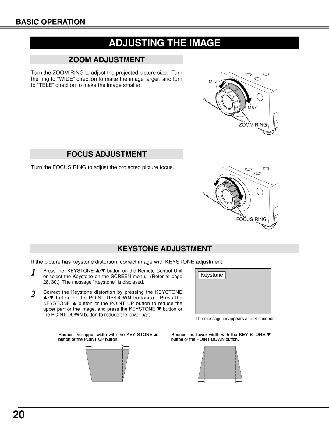 BOXLIGHT XP-5t manual Adjusting The Image, Zoom Adjustment, Focus Adjustment, Keystone Adjustment, Basic Operation 