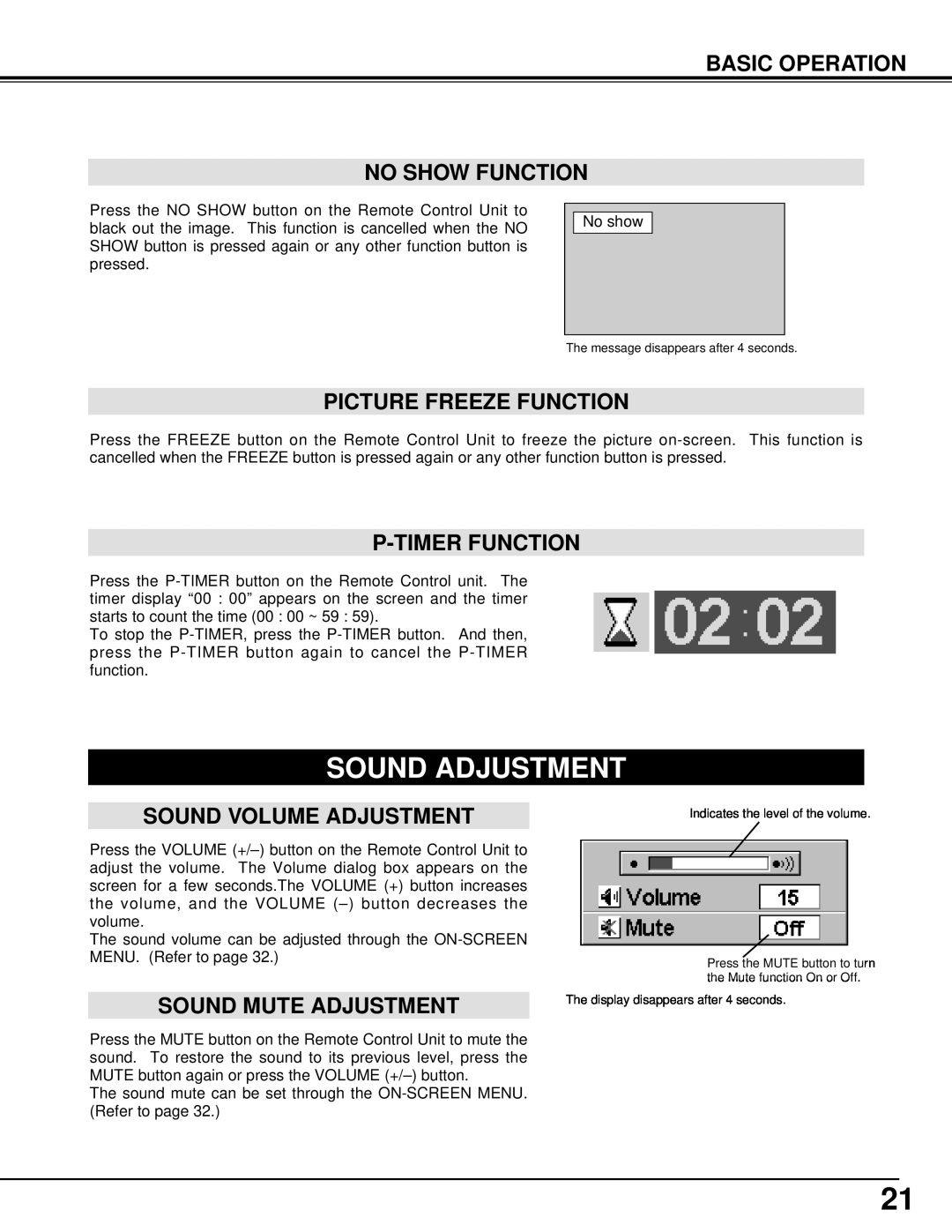 BOXLIGHT XP-5t manual Sound Adjustment, Basic Operation No Show Function, Picture Freeze Function, P-Timer Function 