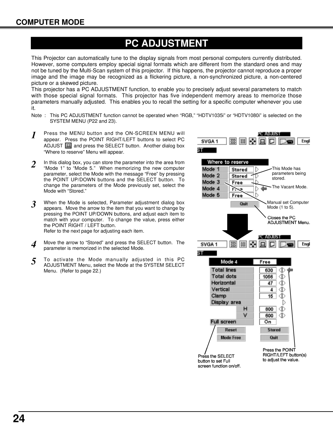 BOXLIGHT XP-5t manual Pc Adjustment, Computer Mode 