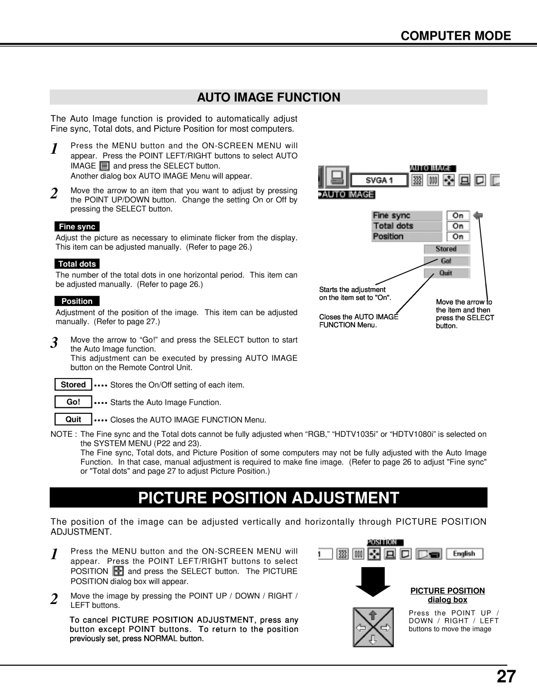 BOXLIGHT XP-5t manual Picture Position Adjustment, Computer Mode Auto Image Function, Fine sync, Total dots 