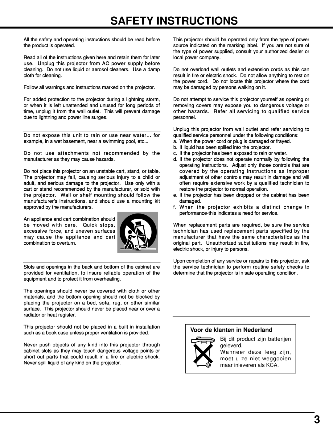 BOXLIGHT XP-5t manual Safety Instructions, Voor de klanten in Nederland 